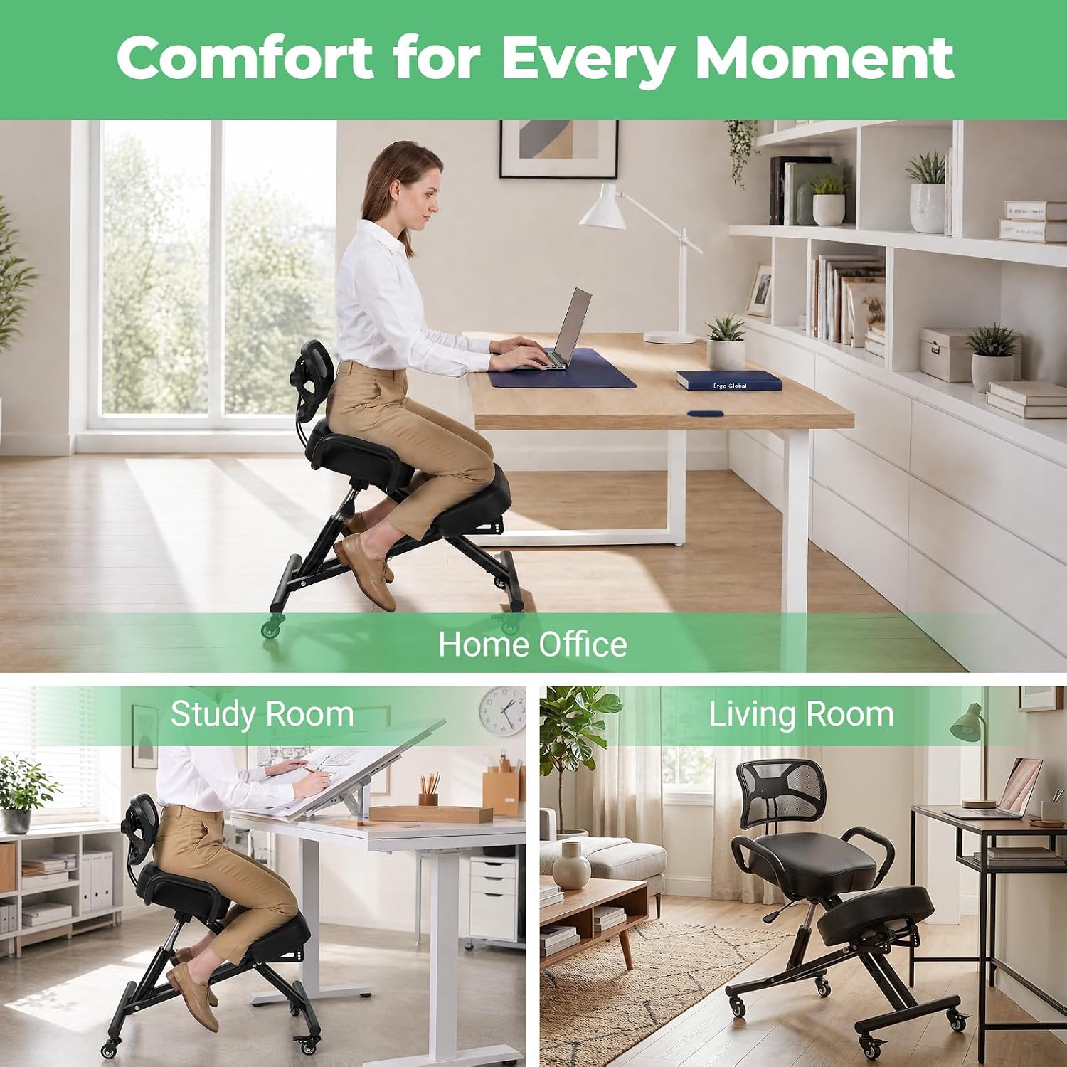 Ergonomic Kneeling Chair with Back Support, Height Adjustable Kneeling Office Chair with Wheels, Posture Correction Desk Chair for Home Office, Study, Computer Work, Supports Up to 220 lbs