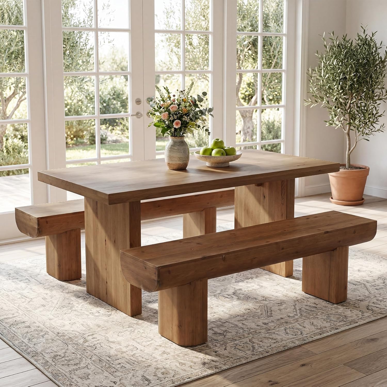 55'' Solid Wood Entryway Bench, Farmhouse Wood Dining Bench, Rustic End of Bed Bench for Bedroom, Living Room, Hallway