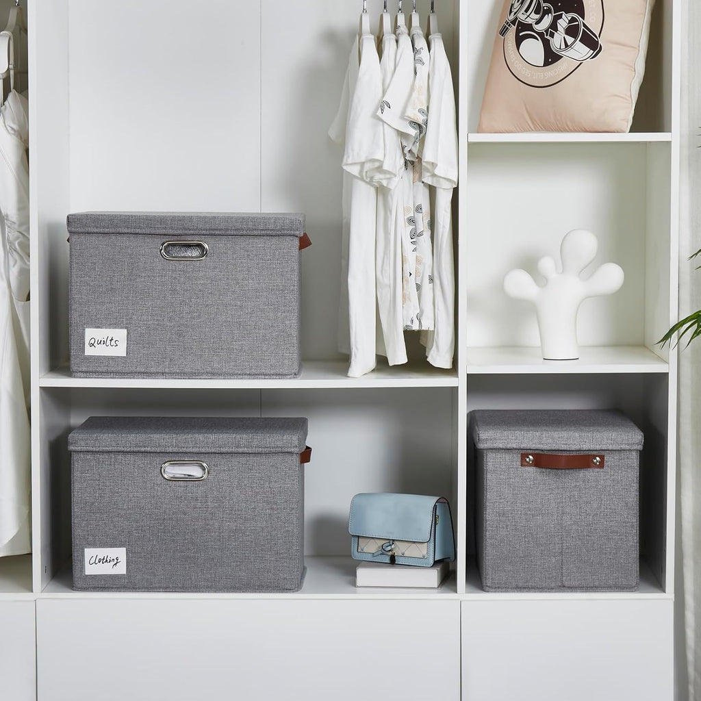 17" Large Collapsible Storage Bins with Lids, Stackable Closet Organizers with PU Handle and Labels, 3-Pack Decorative Fabric Storage Boxes for Home, Bedroom, Closet, Office, Nursery(Gray)