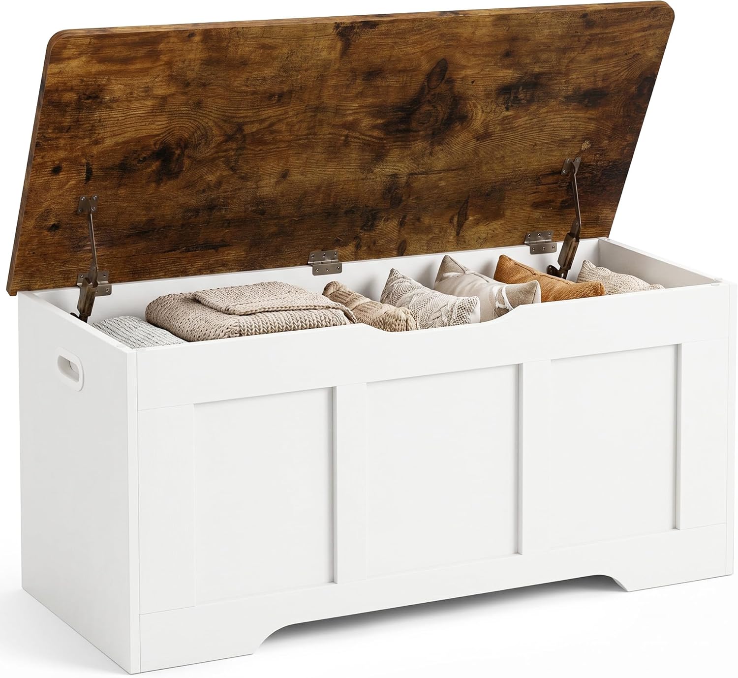 39.4" Wooden Storage Bench with 2 Safety Hinges, Flip Top Trunk for Entryway Hallway Bedroom Living Room, 350lbs Load Capacity, Blanket Organizer, White Walnut