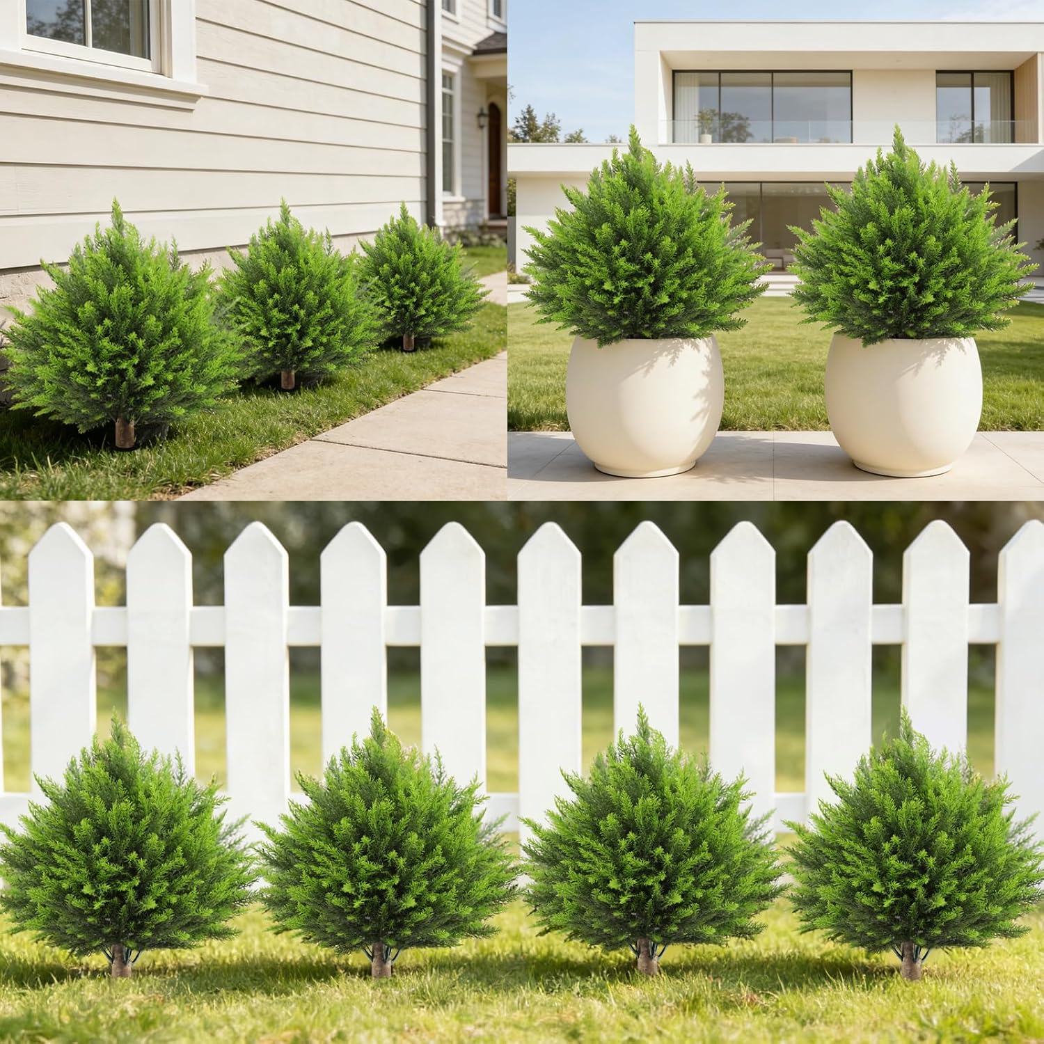 2 Set Artificial Cedar Topiary Ball Trees with Spike, 24" UV Resistant Fake Evergreen Shrubs Plants for Outdoor, Faux Cypress Bushes for Indoor Front Porch Garden