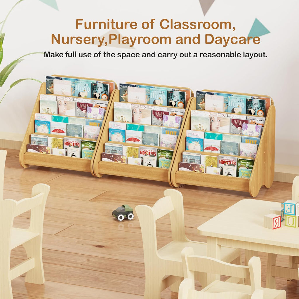 Lkeiyay Montessori Kids Bookshelf, Wooden 4-Tier Front Facing Book Organizer for Nursery Classroom Kids Room