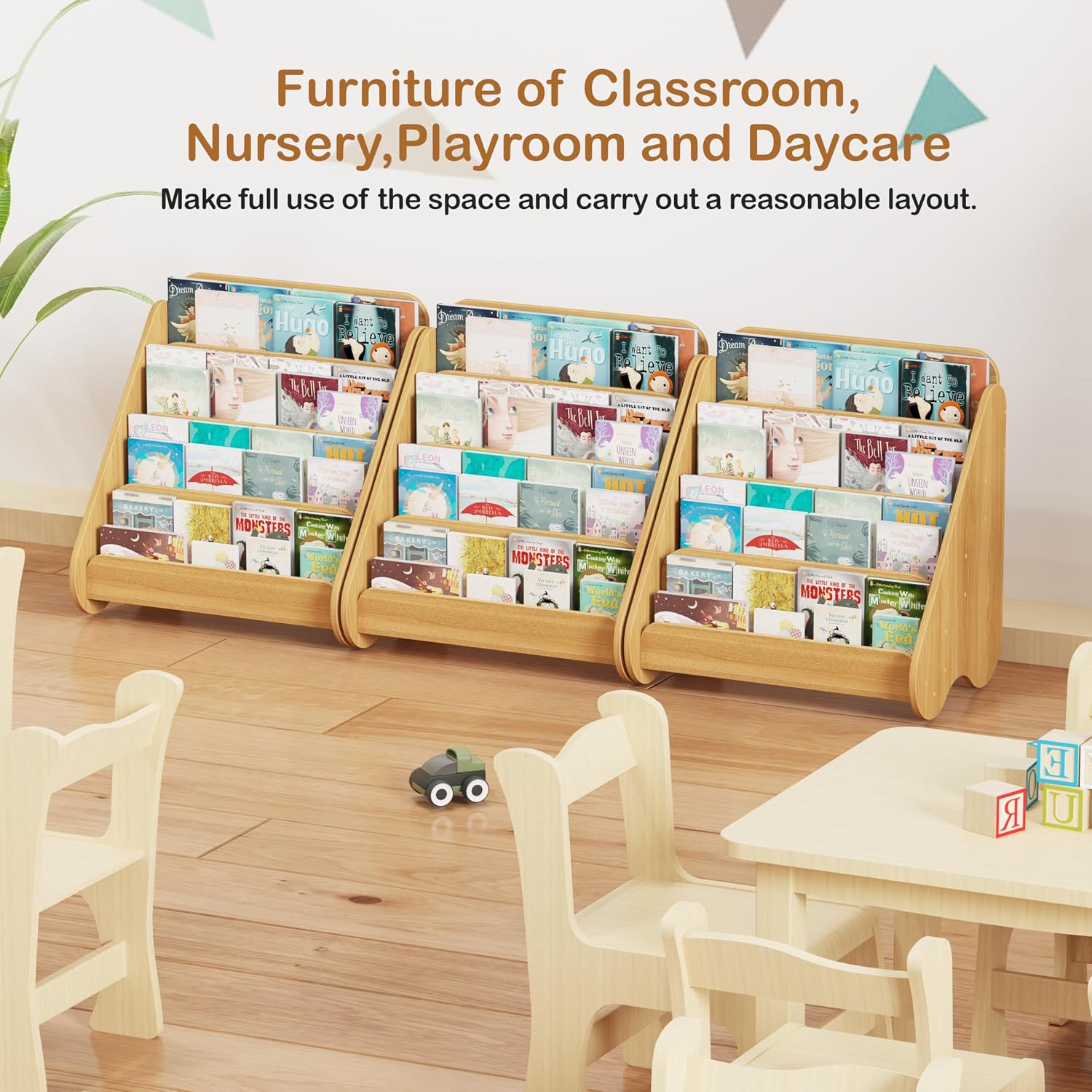 Lkeiyay Montessori Kids Bookshelf, Wooden 4-Tier Front Facing Book Organizer for Nursery Classroom Kids Room