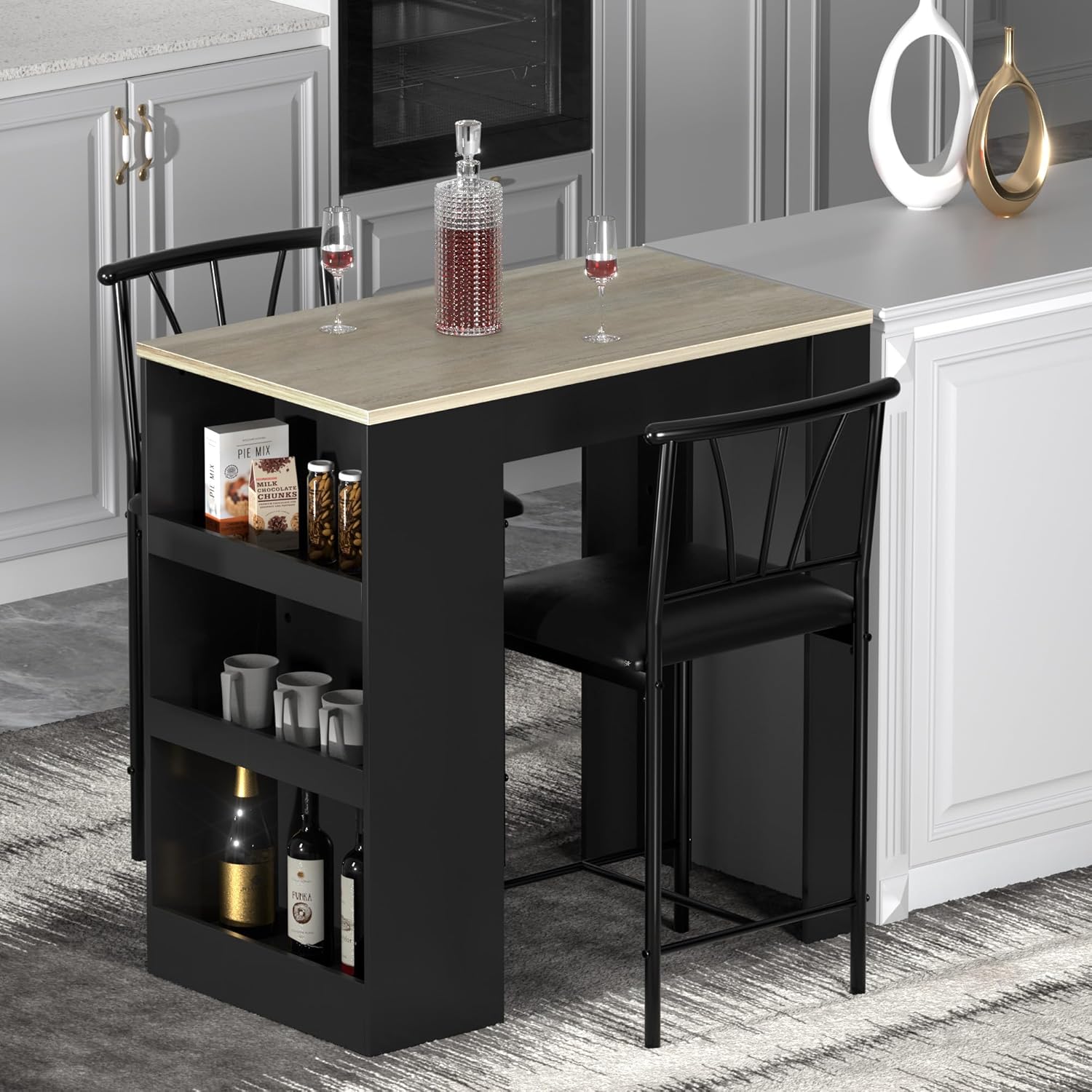 VECELO Small Bar Table and Chairs Tall Kitchen Breakfast Nook with Stools/Dining Set for 2, Storage Shelves, Space-Saving, Gray
