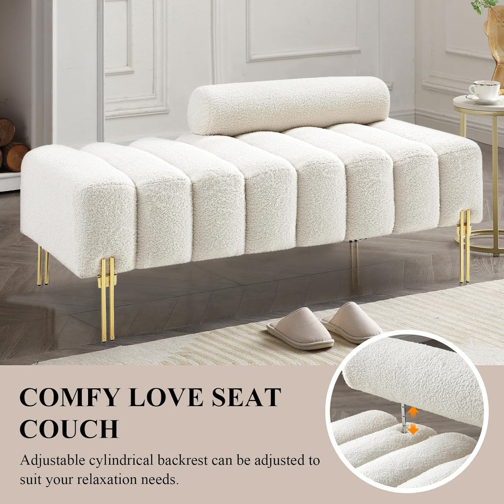 53.2" Width Ottoman Bench, Teddy Upholstered Accent Sofa with Metal Legs, Comfy Love Seat Couches with Adjustable Backrest, End of Bed Bench for Bedroom, Entryway (Beige-Teddy)