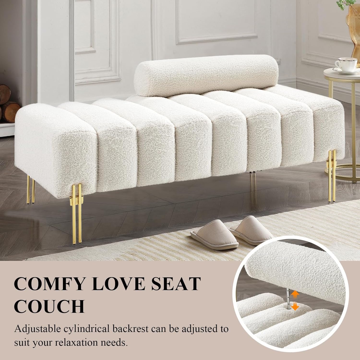 53.2" Width Ottoman Bench, Teddy Upholstered Accent Sofa with Metal Legs, Comfy Love Seat Couches with Adjustable Backrest, End of Bed Bench for Bedroom, Entryway (Beige-Teddy)
