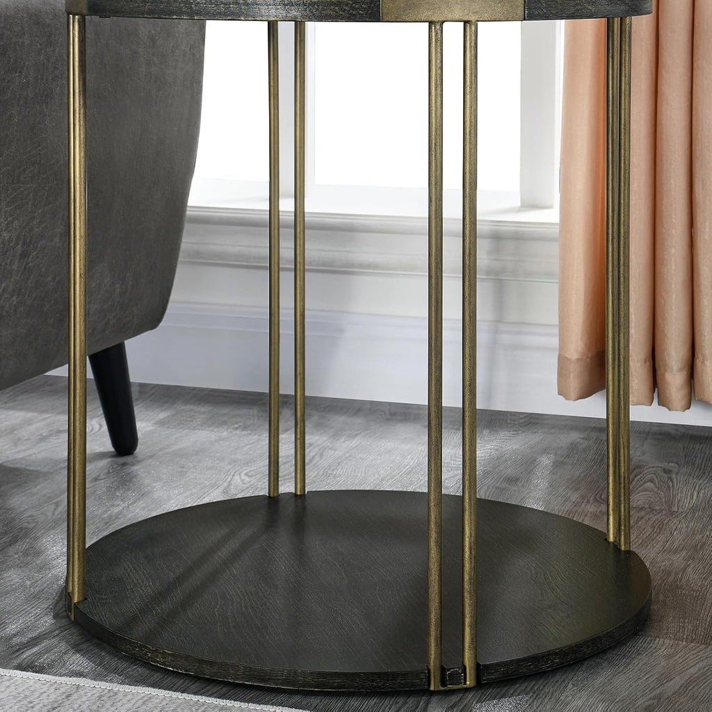 Modern Vintage Round End Table, 22” 2-Tier Sofa Side Table with Black Wood Top and Brass Metal Frame for Living Room, Bedroom