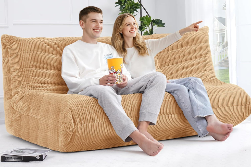 Bean Bag Chair,Giant Beanbag Chairs for Adults,Comfy Large Fireside Chair Lazy Sofa,Corduroy Bean Bag Lounger with Memory Foam Filled,Floor Sofa Couch for Home,Living Room (Khaki, 3-Seater)