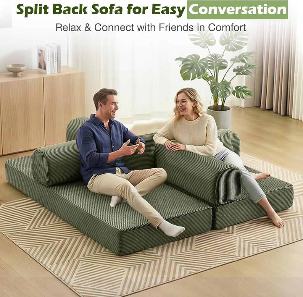 Sofa Bed, 79" Convertible Sleeper Sofa with Pull Out Bed, 5-in-1 Folding Corduroy Futon Couch, Modular Loveseat Sofa Bed for Living Room, Bedroom & Apartment, Green