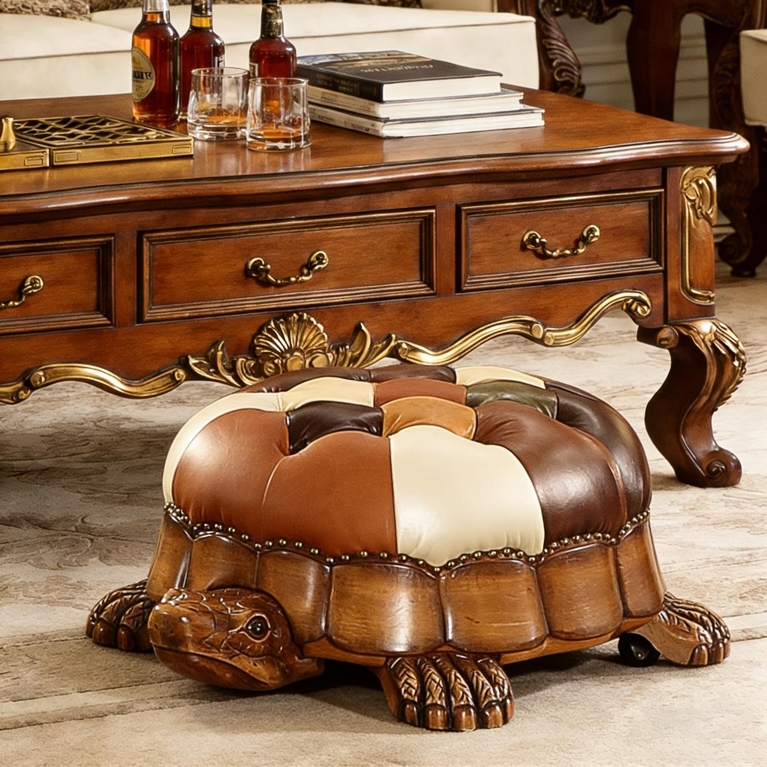 Wood Ottoman Footstool,Animal Footstool Turtle Upholstered Ottoman with Wheels Under Desk Step Stool Padded Seat Shoes Bench Kids Chair Seat for Living Room Bedroom (Brown, 80cm/31.5in)