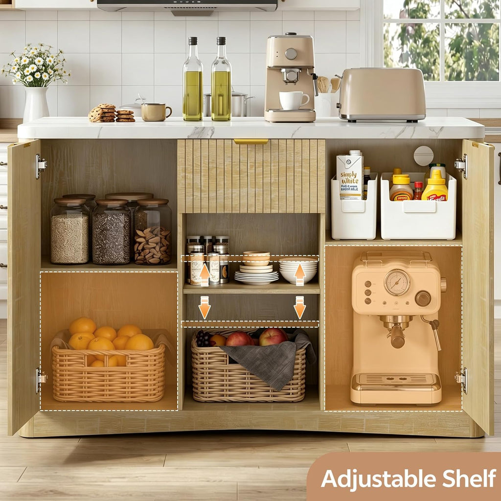 Kitchen Island Cart with Storage, 47.2"x31.5" Kitchen Island Marble Top Adjustable Shelf Rolling Storage Cart with Drawer Coffee Bar Cabinet with Power Outlet - Natural Wood