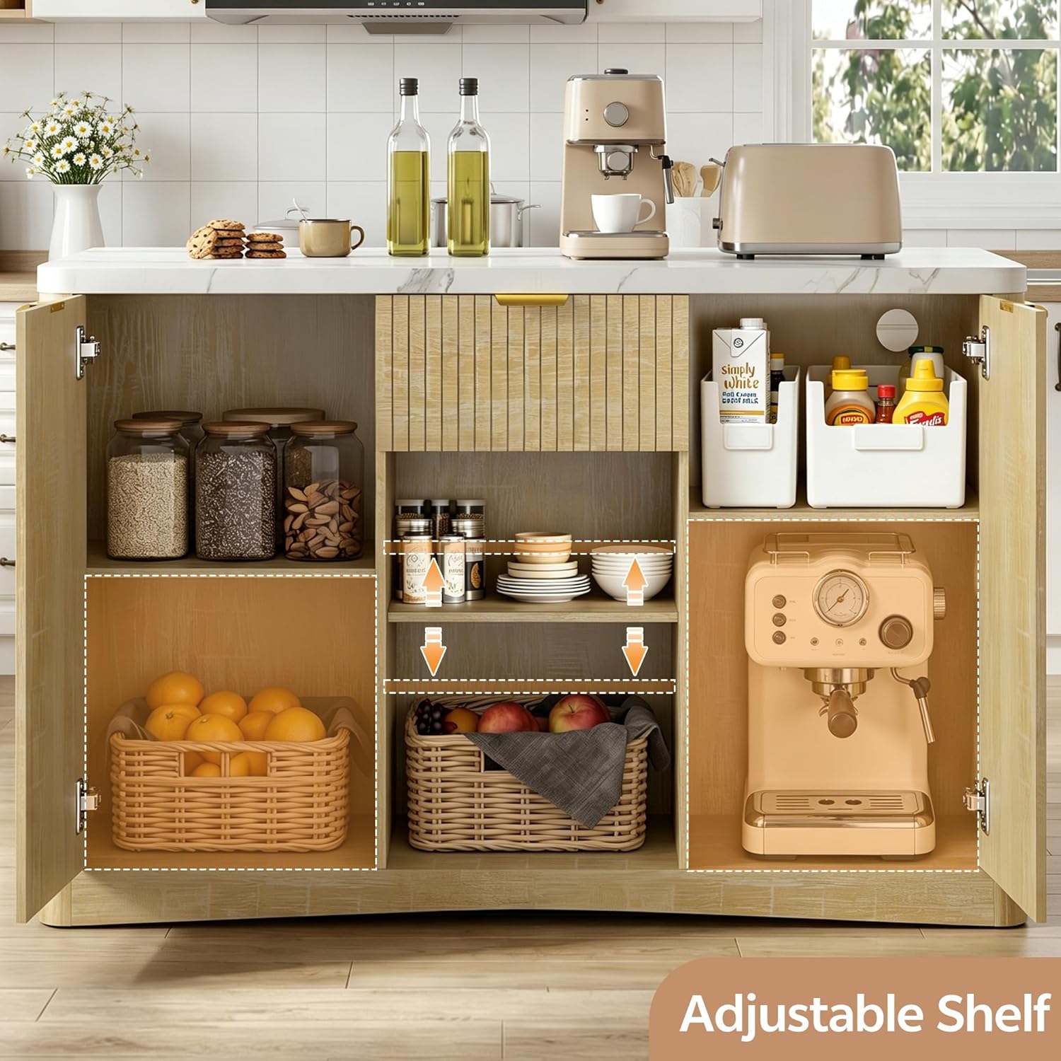 Kitchen Island Cart with Storage, 47.2"x31.5" Kitchen Island Marble Top Adjustable Shelf Rolling Storage Cart with Drawer Coffee Bar Cabinet with Power Outlet - Natural Wood