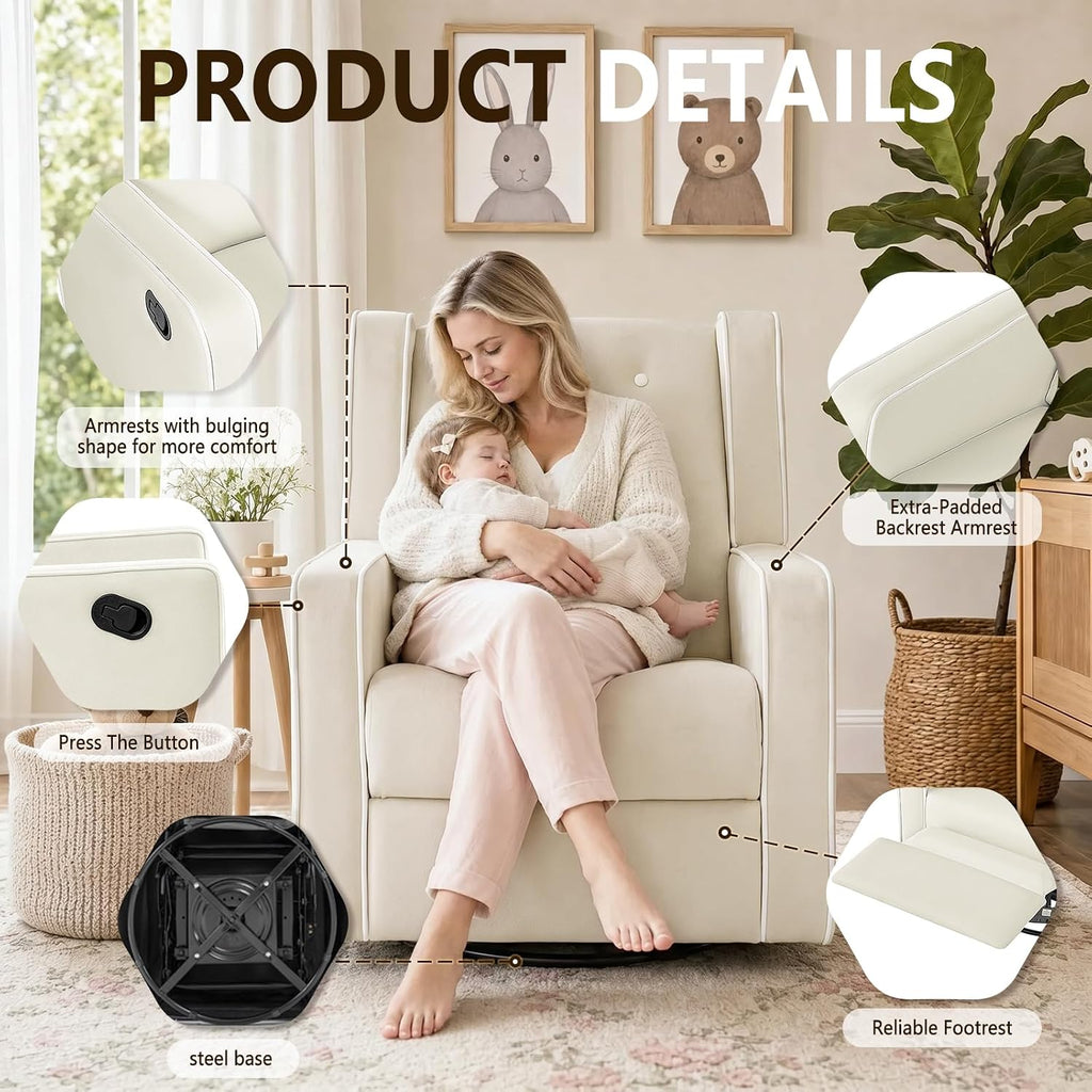 SweetGO Nursery Glider Recliner, 360° Swivel Microfiber Rocker w/Footrest | Ergonomic lumbar support, quiet glide, reinforced frame, tool-free assembly, 135° recline