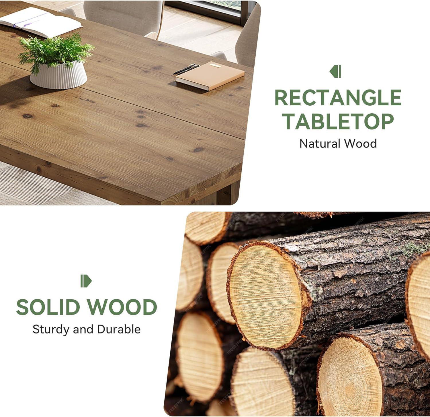 63-Inch Dining Table for 4-6, Solid Wood Kitchen Table with Large Tabletop and Heavy Duty Legs, Rectangular Farmhouse Eating Tables for Dining Room, Living Room, Rustic Brown