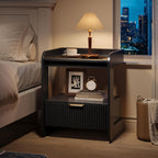 Nightstands Set of 2, Fluted Bedside Tables with Amber Glass Top | Hidden Drawer Storage, Open Display Shelf, Rounded Corner Design, Easy Assembly, Bedroom, Apartment, Guest Room Use