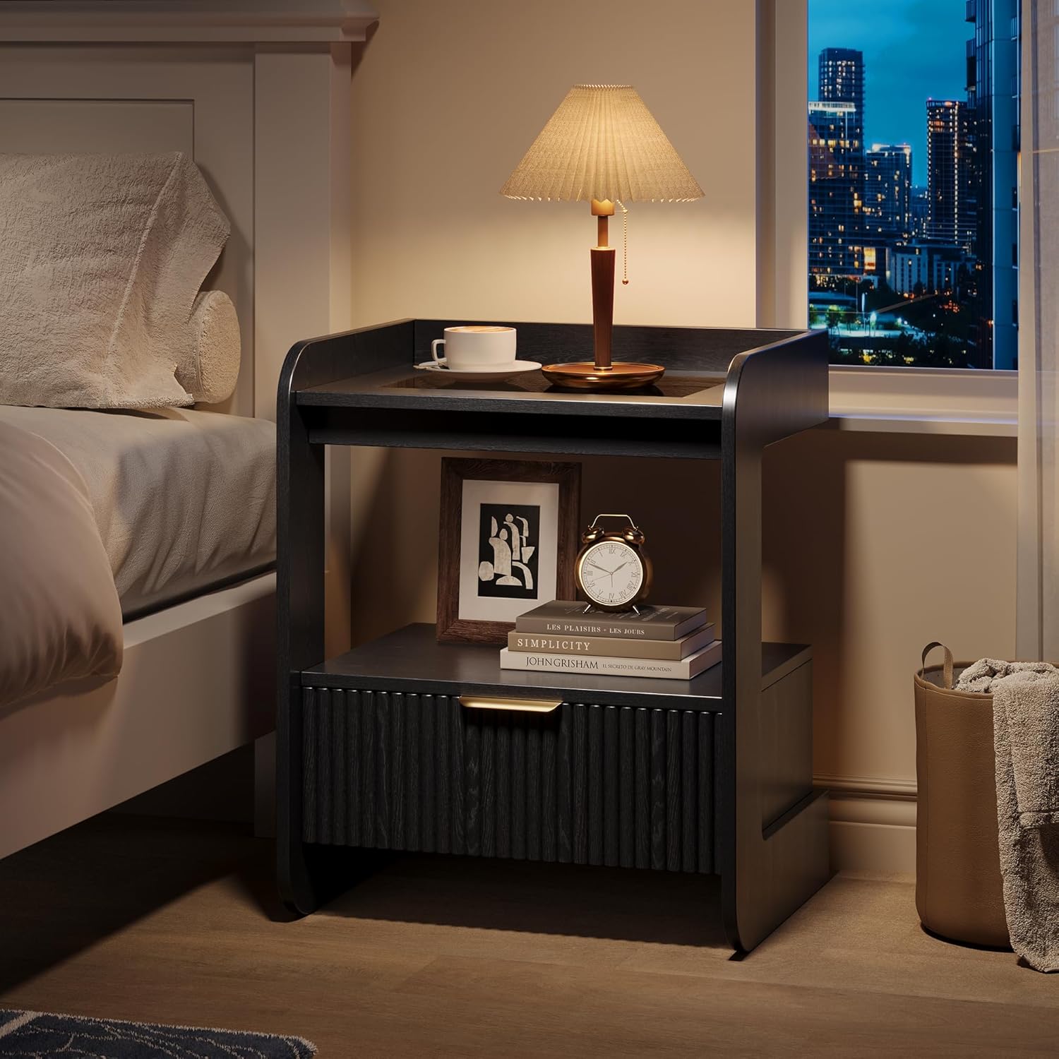 Nightstands Set of 2, Fluted Bedside Tables with Amber Glass Top | Hidden Drawer Storage, Open Display Shelf, Rounded Corner Design, Easy Assembly, Bedroom, Apartment, Guest Room Use