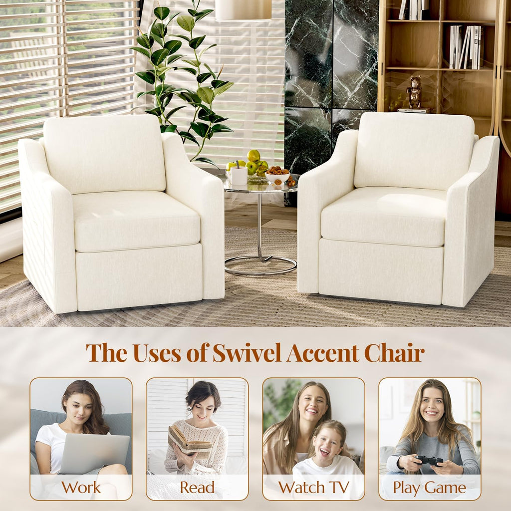 360° Swivel Accent Chair Set of 2, Large Comfy Reading Chairs, Square Single-Seat Armchair Upholstered Sofa for Reading, Nursery, Living Room, Bedroom, Lounge, Hotel, Beige