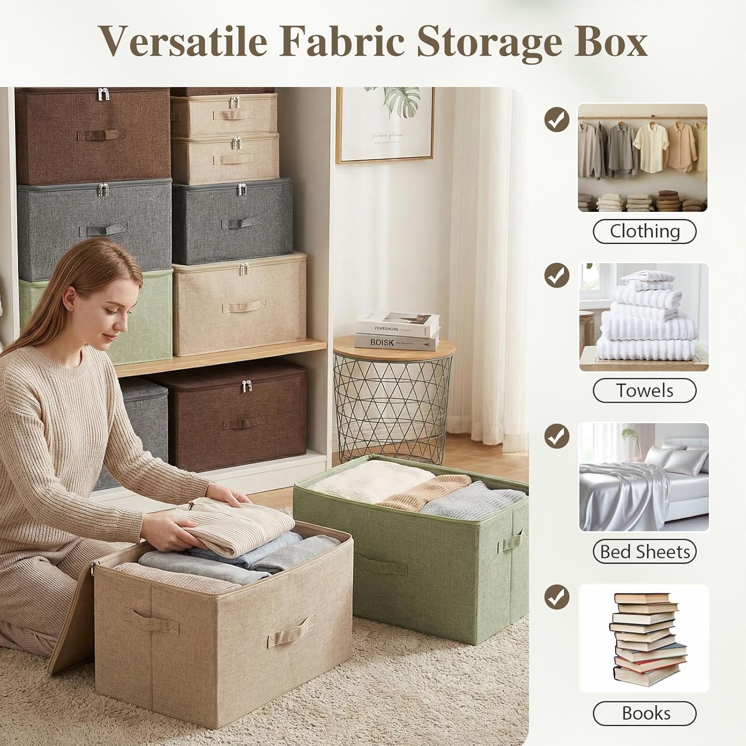 ANMINY 2PCS Storage Bins with Zipper Lids 36 Qt Lidded Fabric Storage Boxes Baskets Cubes with Handles Collapsible Washable Cotton Linen Closet Shelf Clothes Organizer Containers - Beige, Large