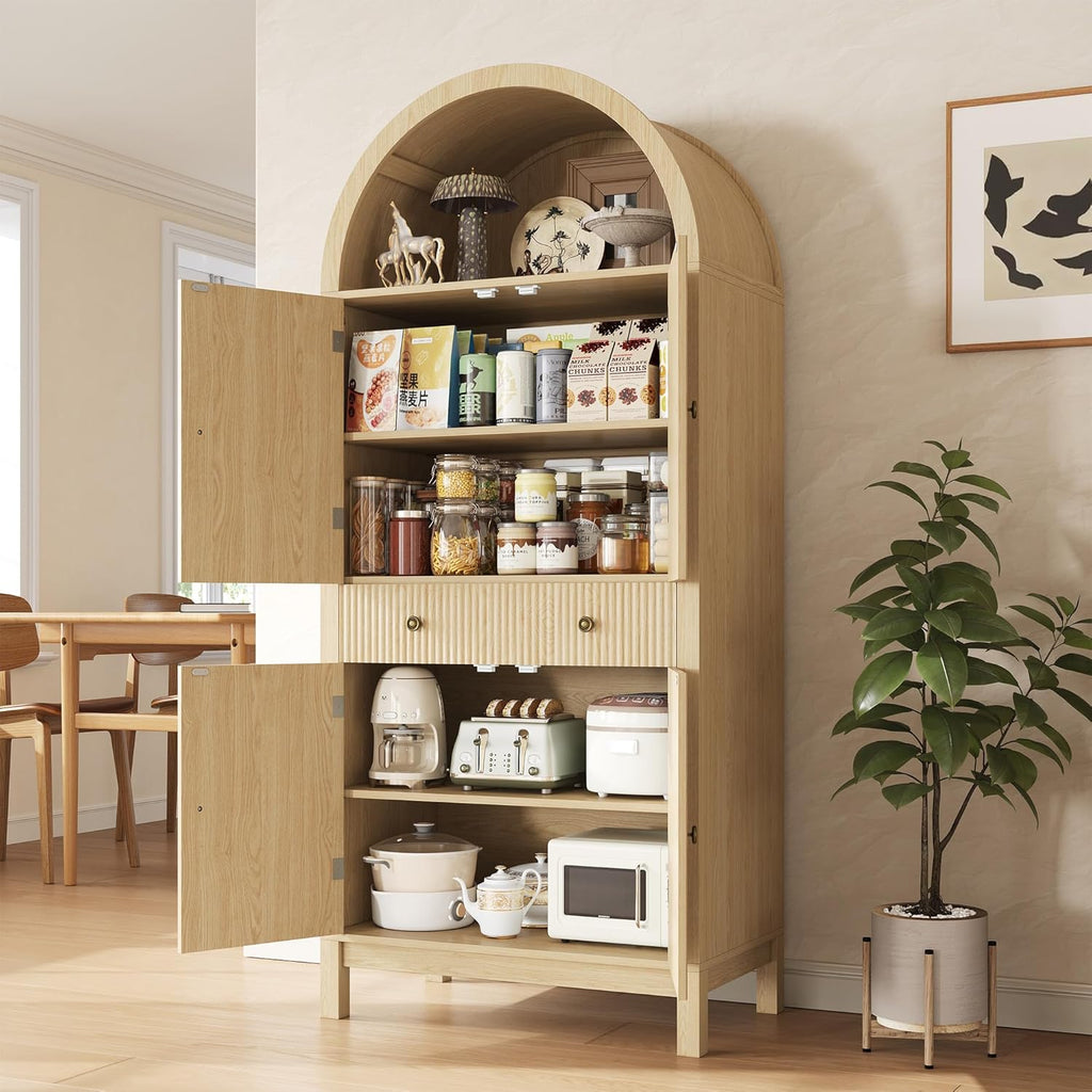 Apicizon 70" Tall Arched Kitchen Pantry Cabinet, 6-Tier Modern Fluted Wood Storage Cabinet with Doors Drawer & Adjustable Shelves, Farmhouse Cupboard Organizer for Dining Room, Bathroom, Natural