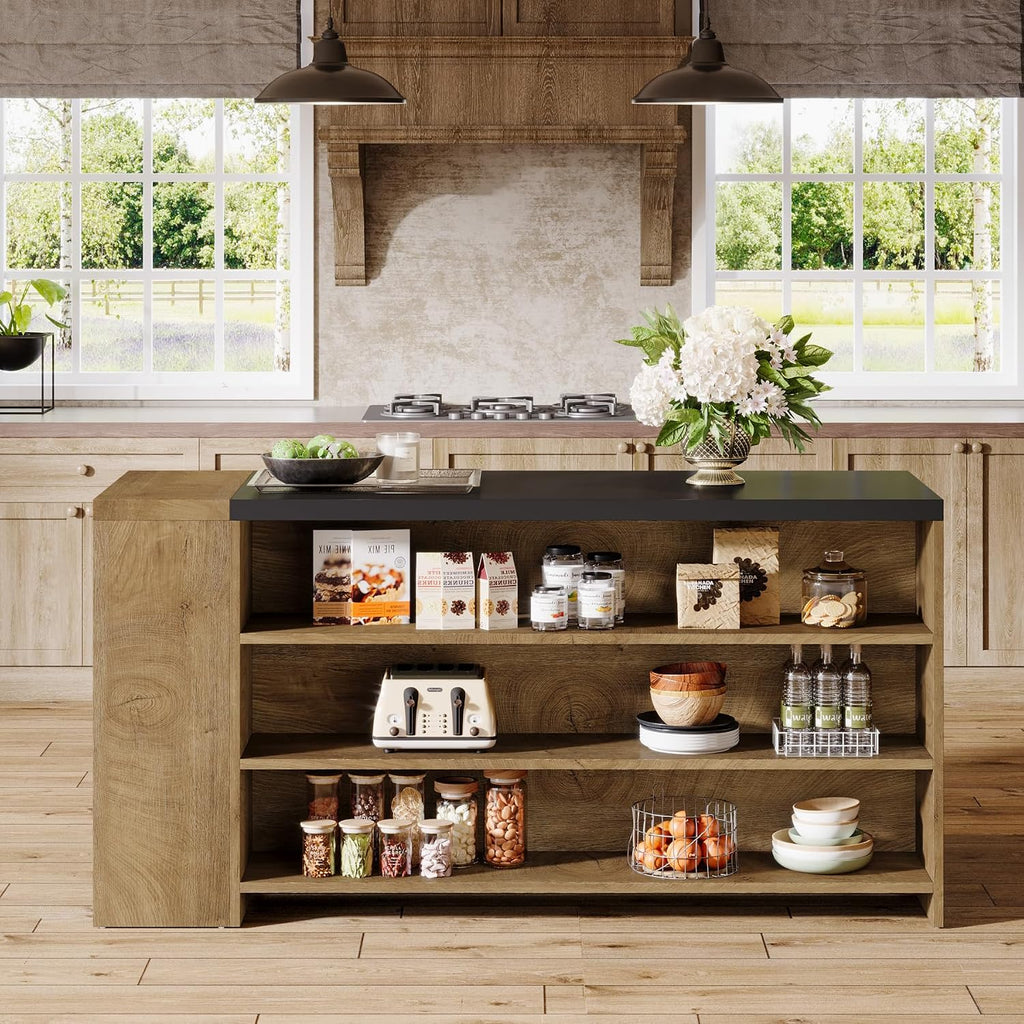 Tribesigns 55" Kitchen Island with Storage, Farmhouse 5-Tier Stationary Island Table with 5 Shelves, Wood Coffee Bar Table Storage Cabinet with Large Countertop for Kitchen, Vintage Brown