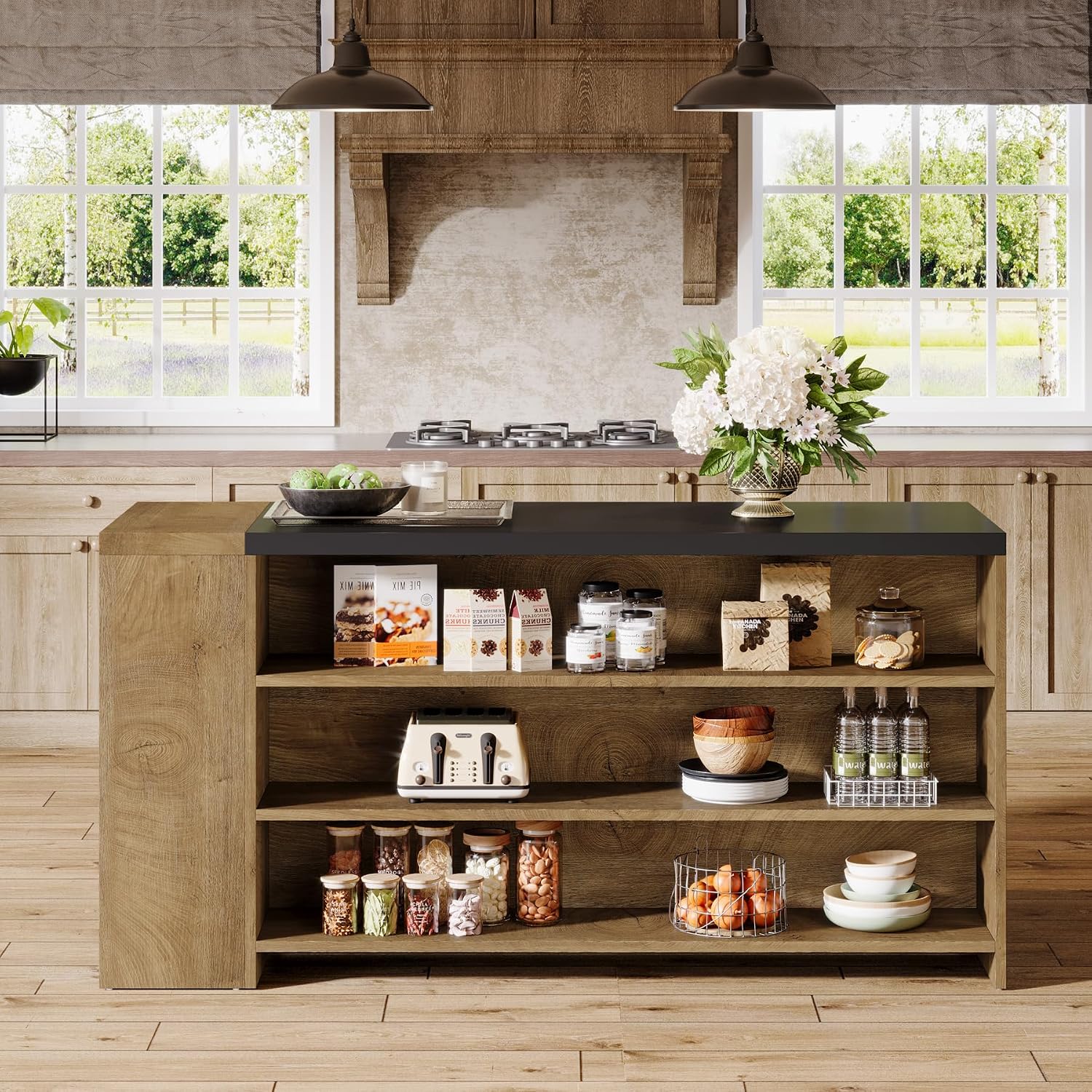 Tribesigns 55" Kitchen Island with Storage, Farmhouse 5-Tier Stationary Island Table with 5 Shelves, Wood Coffee Bar Table Storage Cabinet with Large Countertop for Kitchen, Vintage Brown