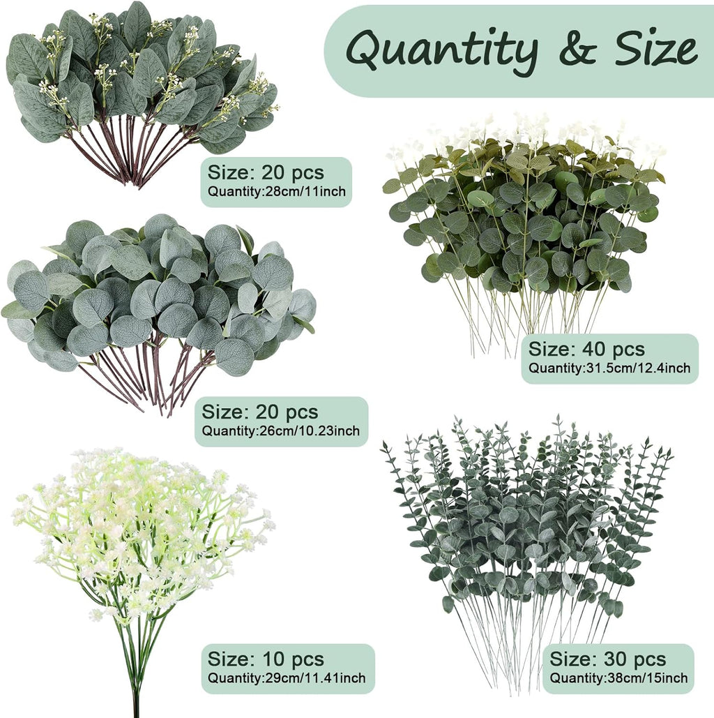Consevisen 120 Pcs Eucalyptus Stems Artificial Flowers, 5 Kinds Mixed Faux Eucalyptus Leaves Greenery Stems Bulk for Wedding Bouquet, Table Centerpieces, Vase Floral Arrangements, Farmhouse Home Decor