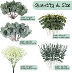 Consevisen 120 Pcs Eucalyptus Stems Artificial Flowers, 5 Kinds Mixed Faux Eucalyptus Leaves Greenery Stems Bulk for Wedding Bouquet, Table Centerpieces, Vase Floral Arrangements, Farmhouse Home Decor