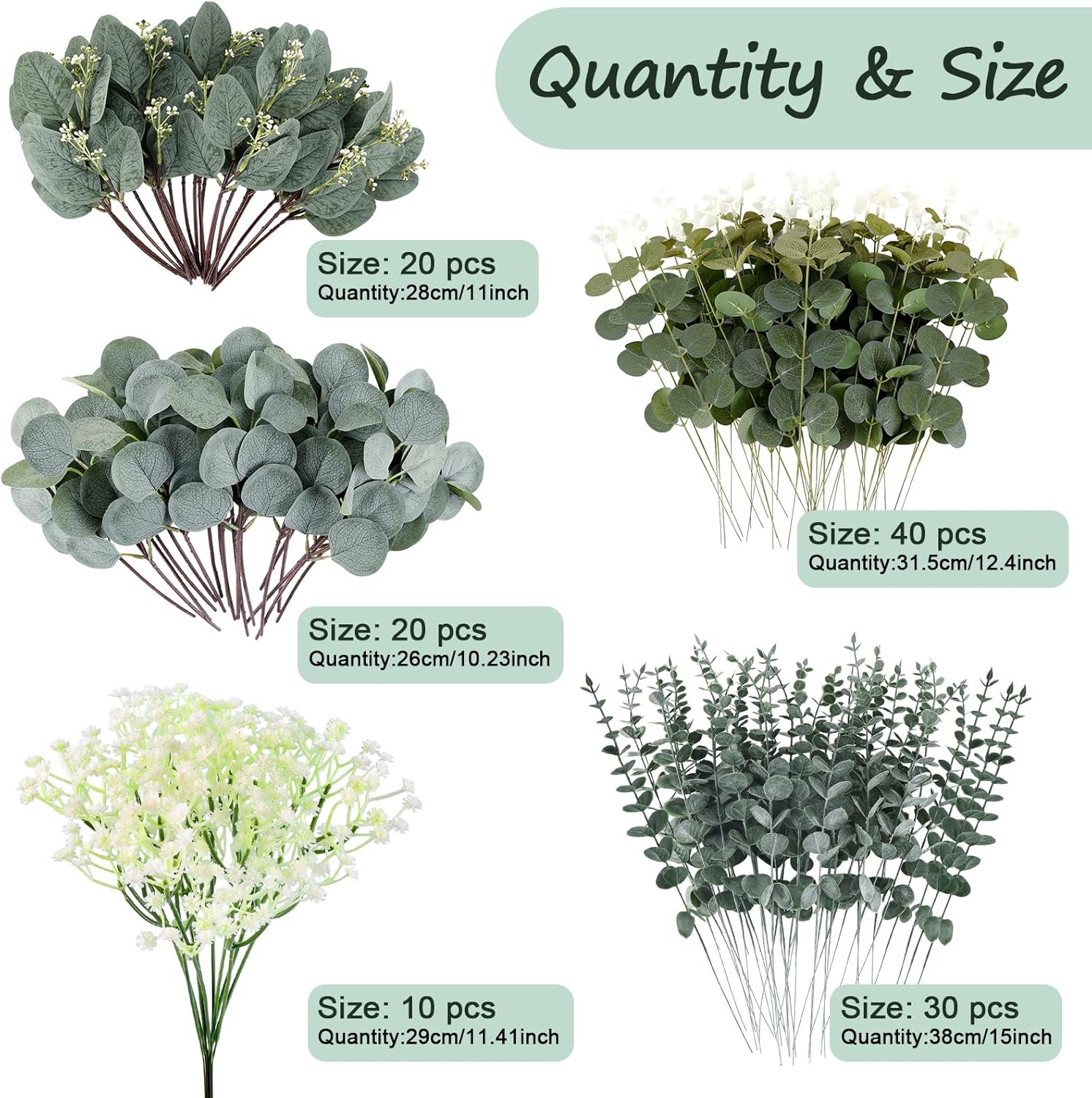 Consevisen 120 Pcs Eucalyptus Stems Artificial Flowers, 5 Kinds Mixed Faux Eucalyptus Leaves Greenery Stems Bulk for Wedding Bouquet, Table Centerpieces, Vase Floral Arrangements, Farmhouse Home Decor