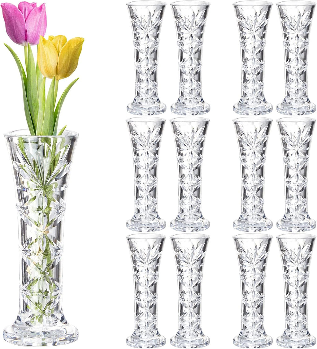 Mumufy 12 Pcs Acrylic Glass Bud Vases for Centerpiece Christmas Clear Plastic Bud Vase Crystal Acrylic Vase Small Break Resistant Flower Vase for Rose Home Decoration(Elegant,2.56 x 6.69 Inch)