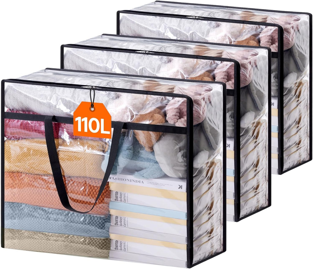 Lifewit 3 Pack Clear Clothes Storage Bags, 110L Plastic Blanket Storage Bag, Vinyl Foldable Moving Bags with Zipper, Closet Organizers and Storage Containers for Bedding, Duvet, Comforter