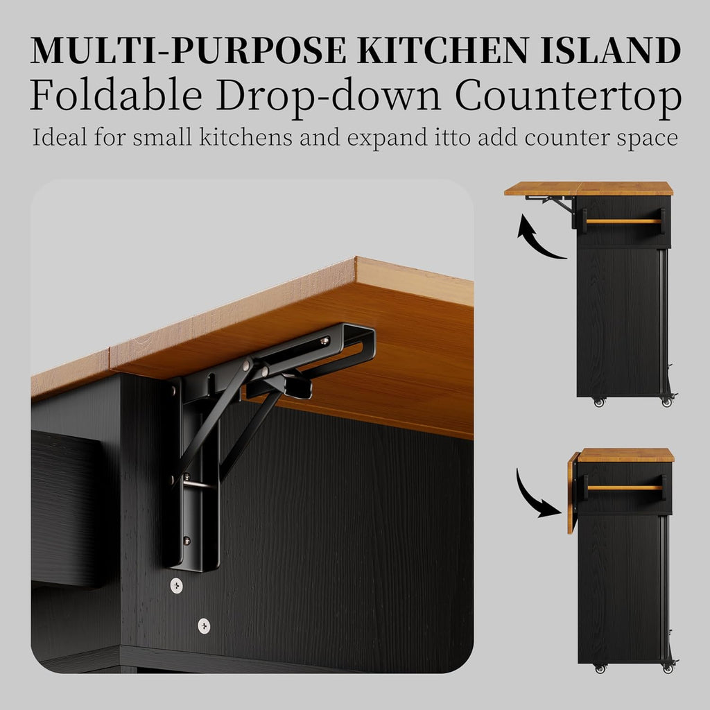 DHH Rolling Kitchen Island with Drop Leaf Countertop&Ample Storage - 39.4" Small Mobile Kitchen Cart On Wheels with Sliding Door,Drawers,Spice Rack & 2-Tier Storage(Black)