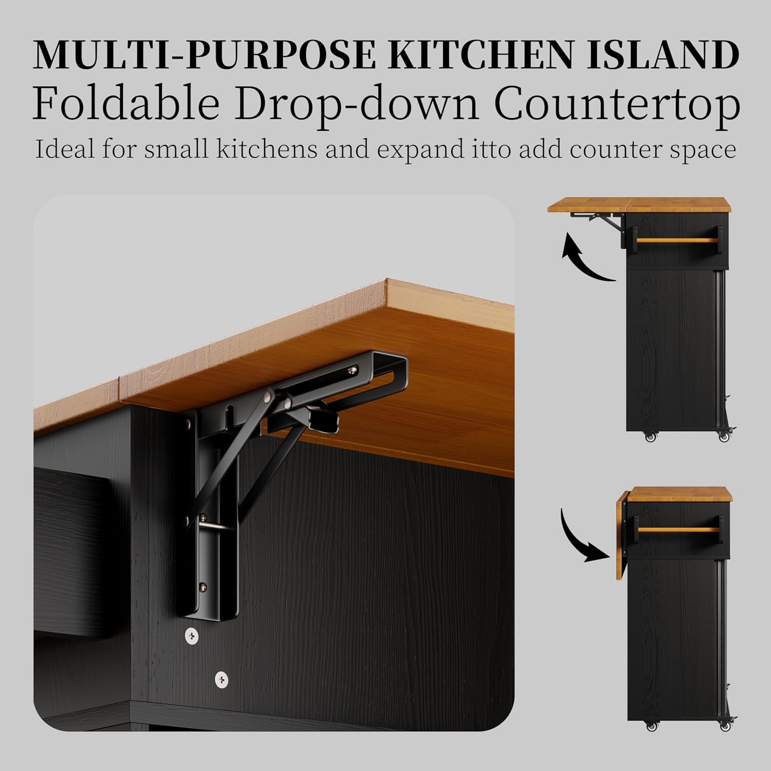 DHH Rolling Kitchen Island with Drop Leaf Countertop&Ample Storage - 39.4" Small Mobile Kitchen Cart On Wheels with Sliding Door,Drawers,Spice Rack & 2-Tier Storage(Black)