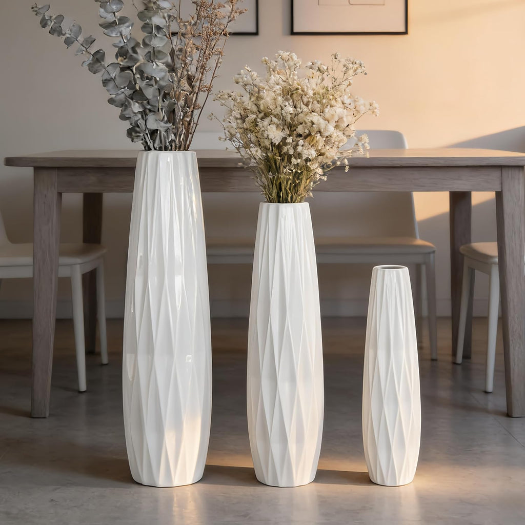 White Tall Ceramic Floor Vase, 17.7 Inch, Ribbed Design, Large Vase | Glossy Glazed Finish, Narrow Corners, Entryway, Bedroom, Compact Spaces