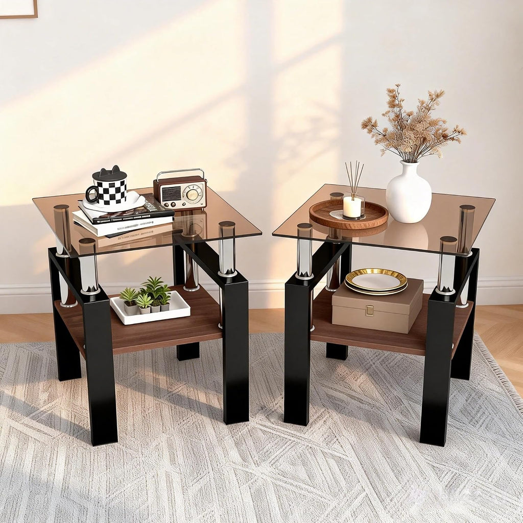 17.72'' Glass Side Table Set of 2, 2 Tier Couch End Table with Tempered Glass Top & Metal Lges, Black End Tables with Brown Top, Small Nightstand Set of 2 for Living Room, Small Space