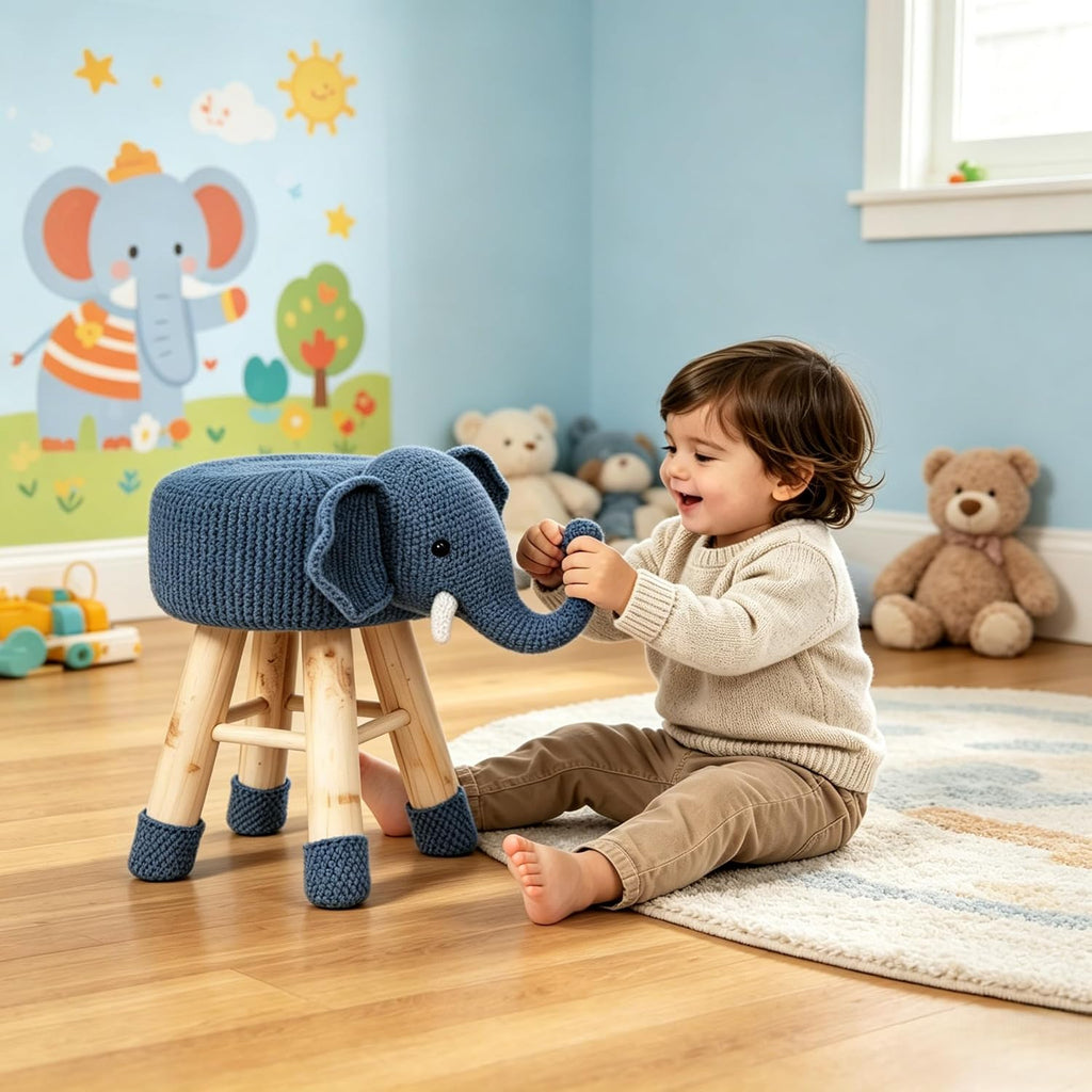 Animal Ottoman Stool, Cute Deer Design with Knit Polyester Upholstery and Solid Pine Wood Legs, 17.5in Kids Bedroom Seat (Elephant)