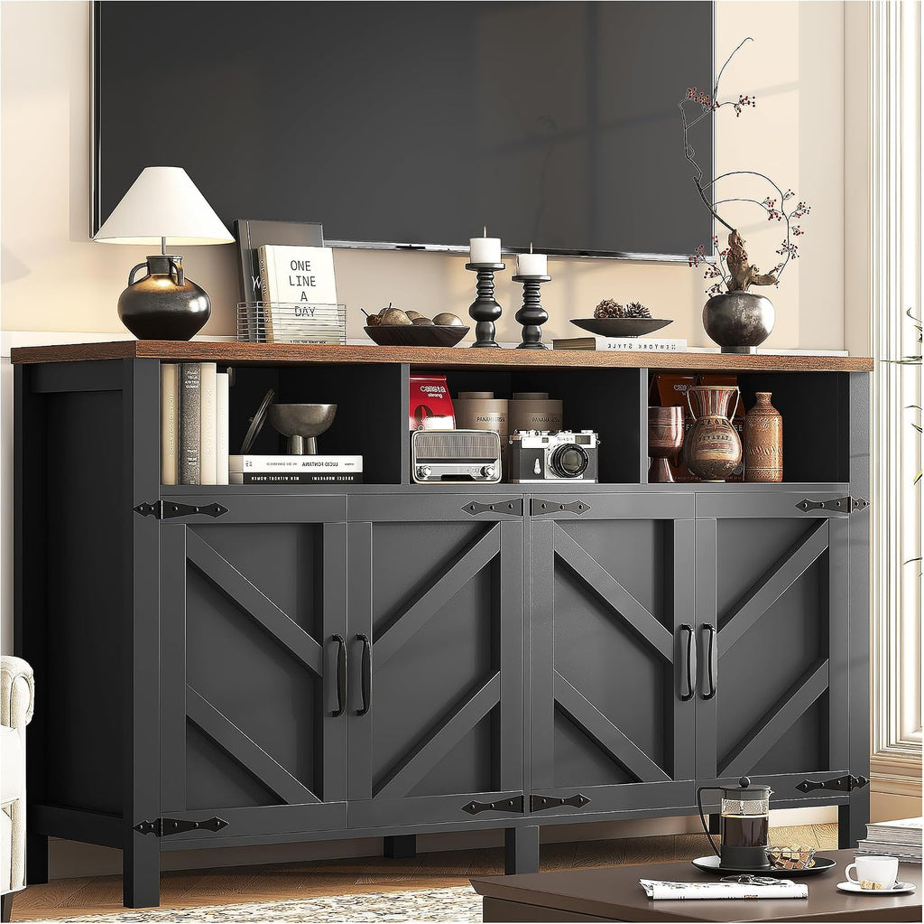knoworld 55'' Farmhouse Buffet Sideboard with Storage, 4 Doors & Shelves, Large Wood Kitchen Storage Cabinet, Coffee Bar Buffet Table for Kitchen, Dining Room, Entryway