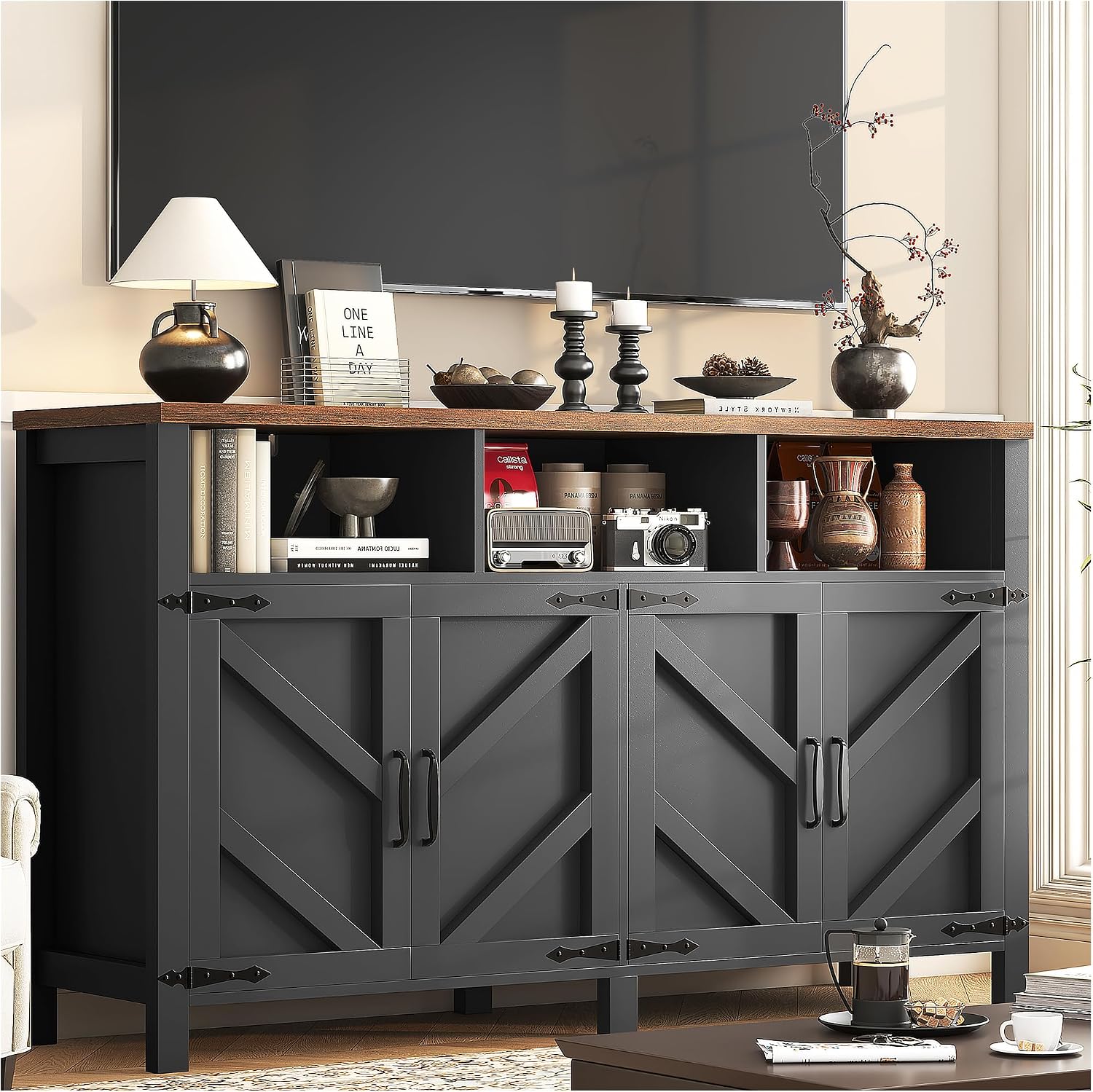 knoworld 55'' Farmhouse Buffet Sideboard with Storage, 4 Doors & Shelves, Large Wood Kitchen Storage Cabinet, Coffee Bar Buffet Table for Kitchen, Dining Room, Entryway