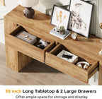 Farmhouse Console Table with LED Light and 2 Drawers, 55 inch Long Sofa Table Behind Couch, Narrow Entry Table for Entryway, Hallway, Entrance, Living Room, Natural Oak