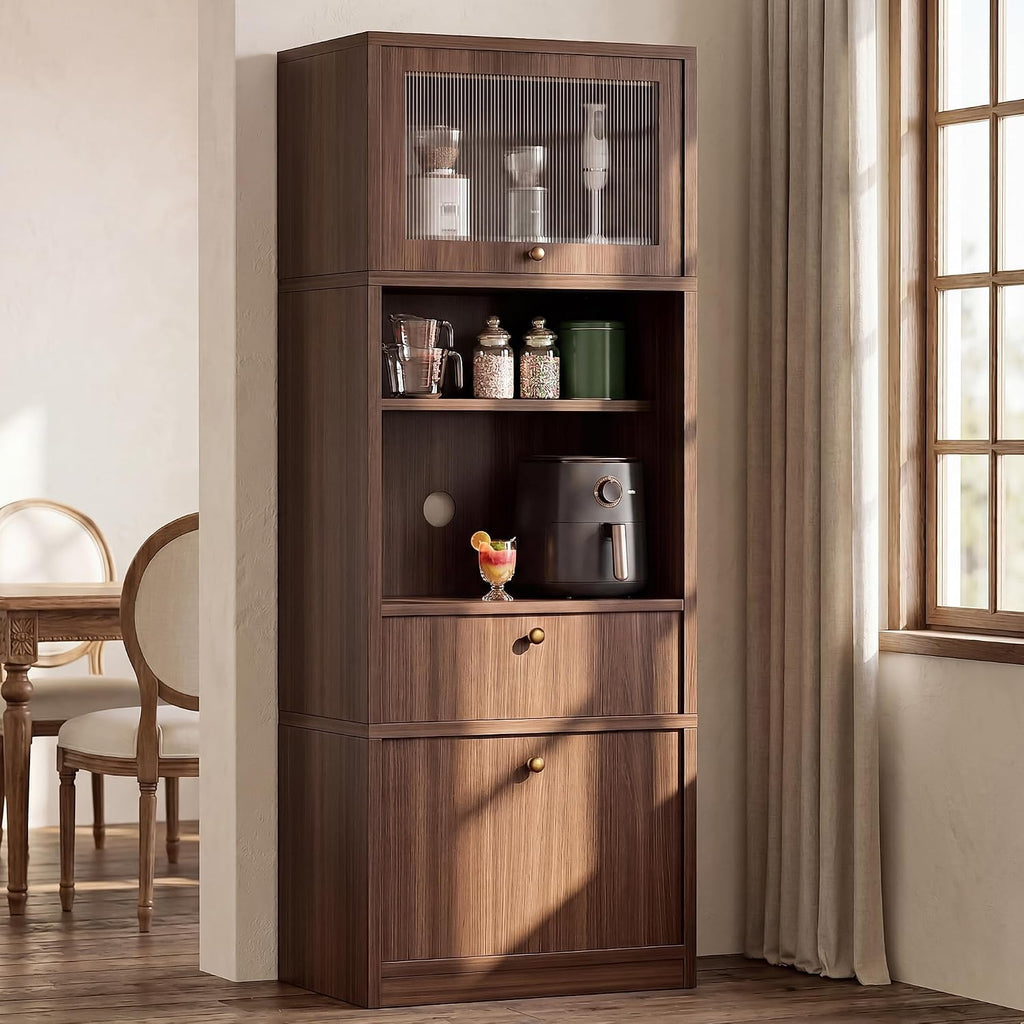 Kitchen Pantry Storage Cabinet，70.8 inch Tall Storage Cabinet with Doors and 2 Shelves & Drawer, Freestanding Pantry with Large Storage Drawer for Dining Room Walnut