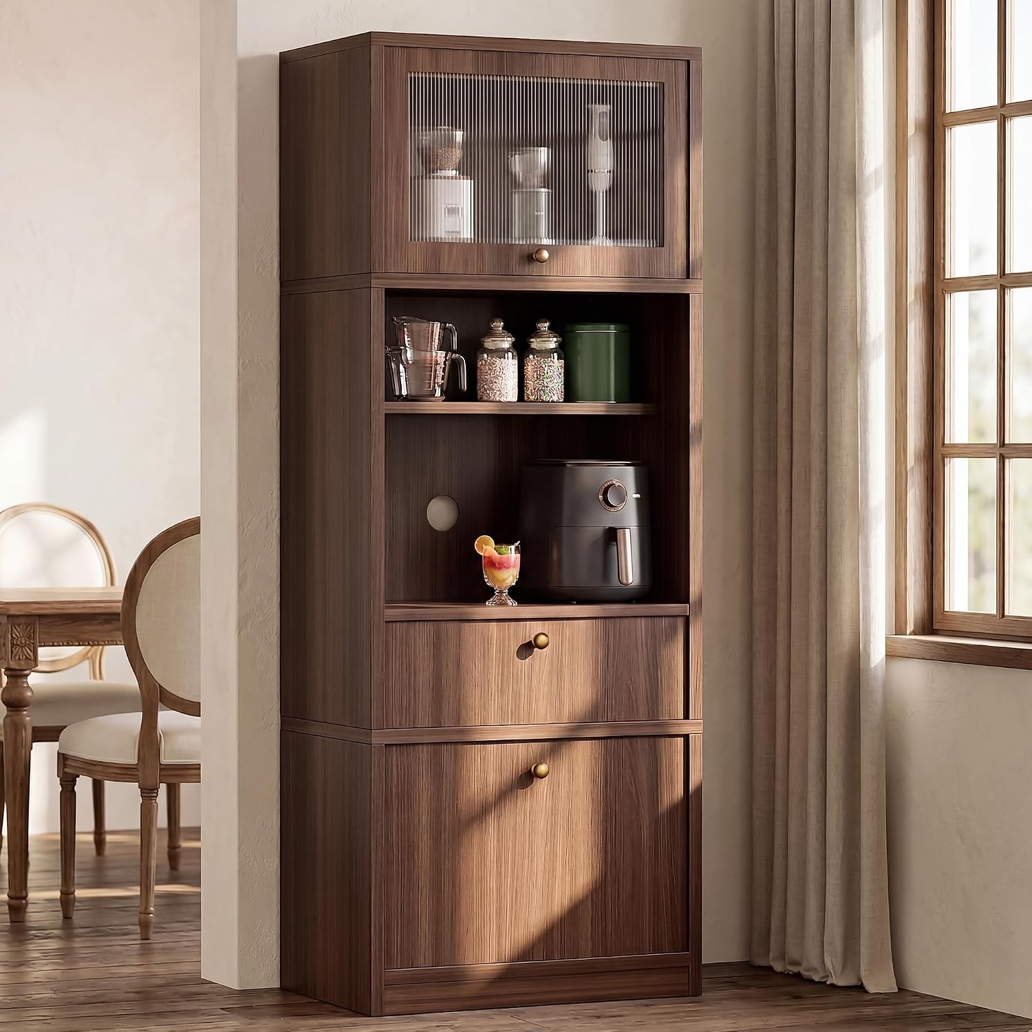 Kitchen Pantry Storage Cabinet，70.8 inch Tall Storage Cabinet with Doors and 2 Shelves & Drawer, Freestanding Pantry with Large Storage Drawer for Dining Room Walnut