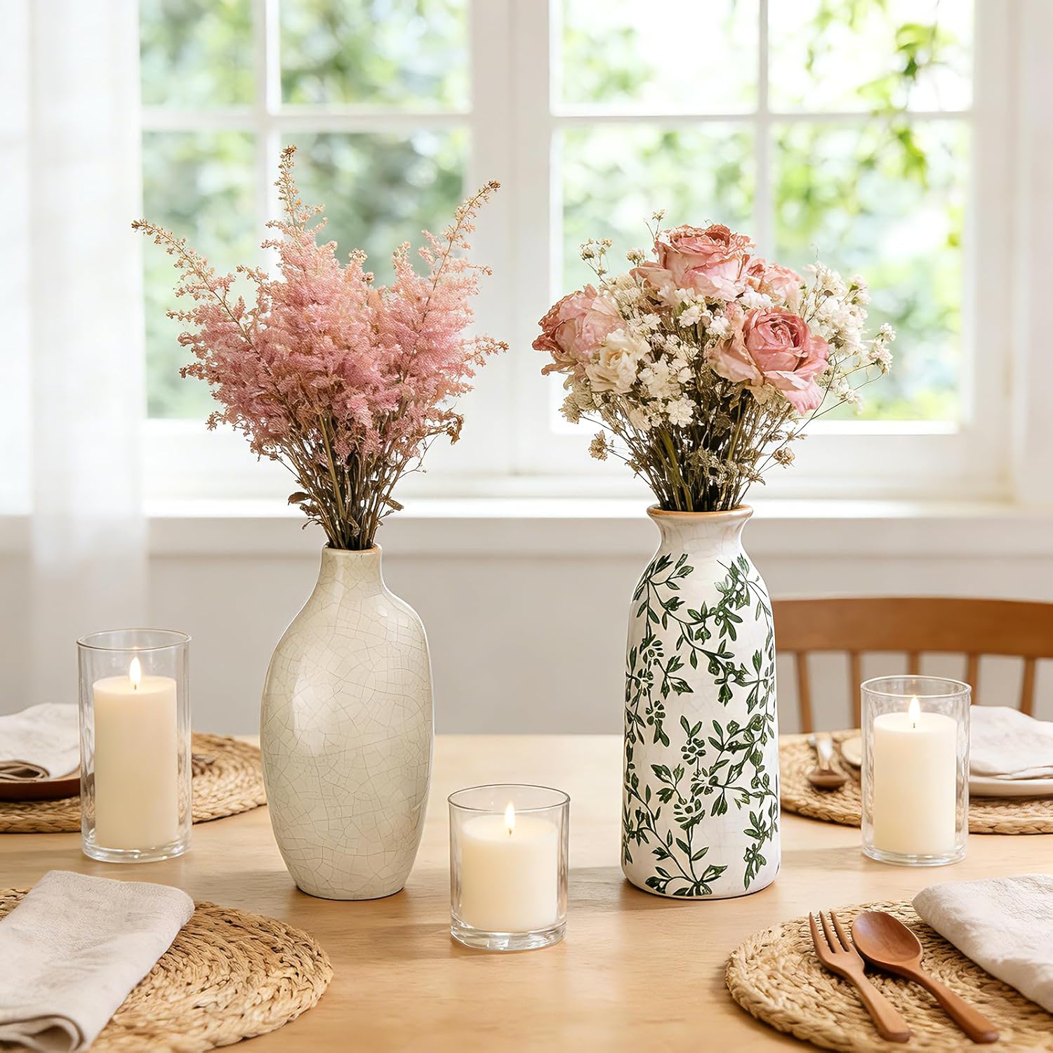 Ceramic Vase Set of 6，Flower Vases for Bouquet，Small Vases for Pampas Grass Dried Flowers，Vintage Vase for Centerpieces，Chinoiserie Decor，Shelf Decor, Table, Living Room Bedroom- Green and Beige