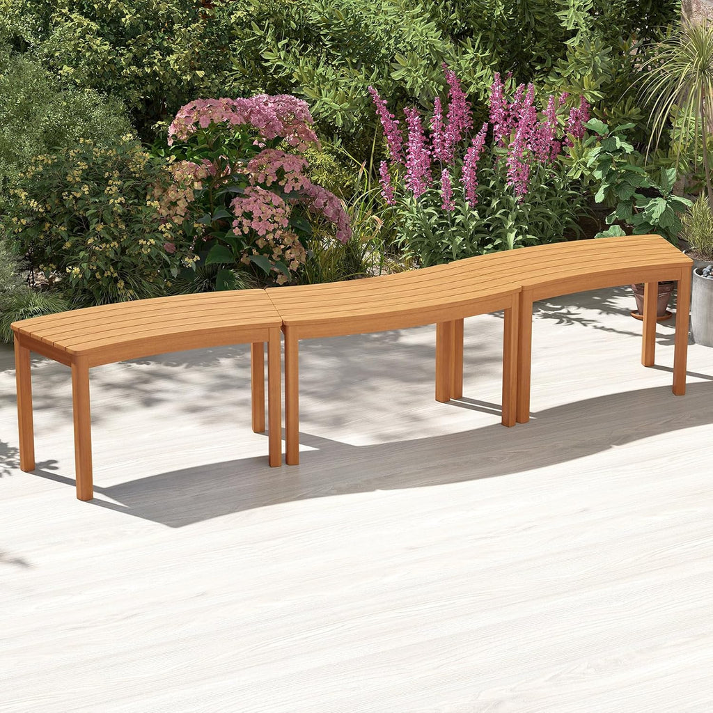HAPPYGRILL Acacia Wood Outdoor Curved Bench, Fire Pit Bench with Slatted Seats, Tree Benches Wrap Around for Patio Garden Backyard, 400 lbs (2)