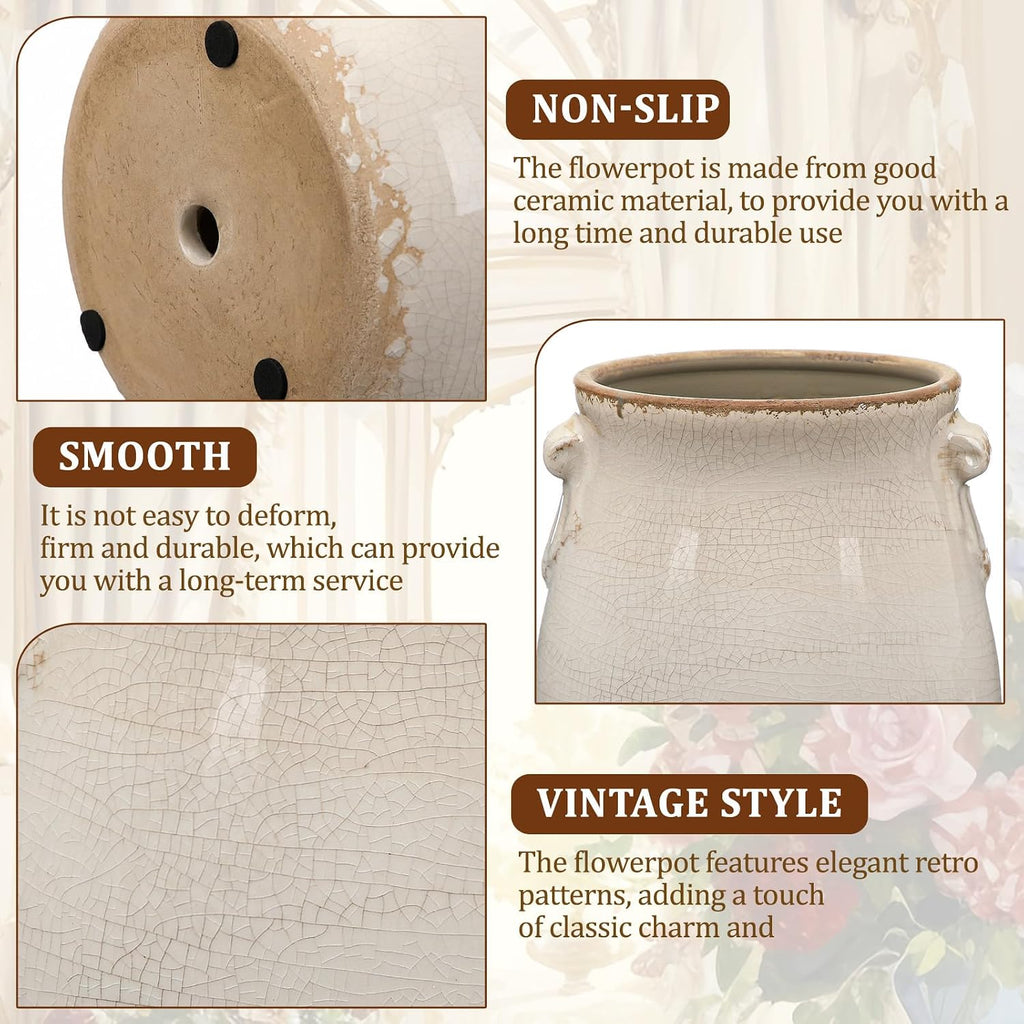 Ceramic Scroll Planter 6.5 Inch Chinoiserie Floral Vase with Drainage Holes Vintage Flower Vase Flower Pot Rustic Ceramic Pots for Indoor Plants Garden Home Bookshelf Decor (Pure White)