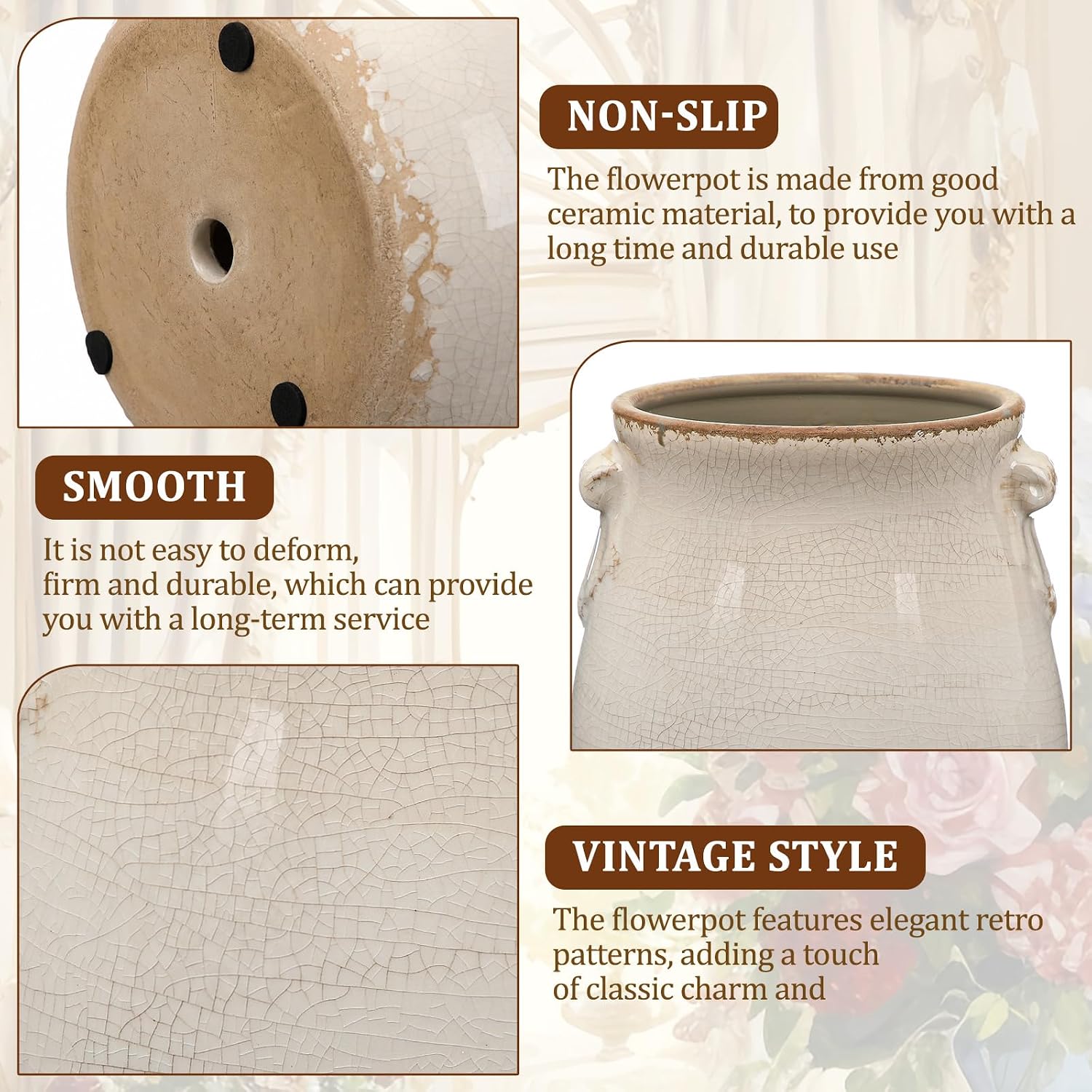 Ceramic Scroll Planter 6.5 Inch Chinoiserie Floral Vase with Drainage Holes Vintage Flower Vase Flower Pot Rustic Ceramic Pots for Indoor Plants Garden Home Bookshelf Decor (Pure White)
