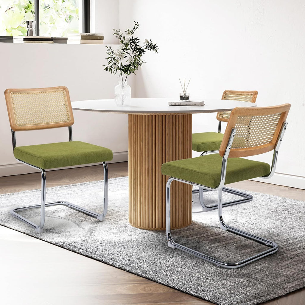 KROFEM Dining Chairs Set of 2, Modern Rattan Kitchen Chairs, Mid Century Modern Design, Polished Chrome Frame, Upholstered Seat, Green