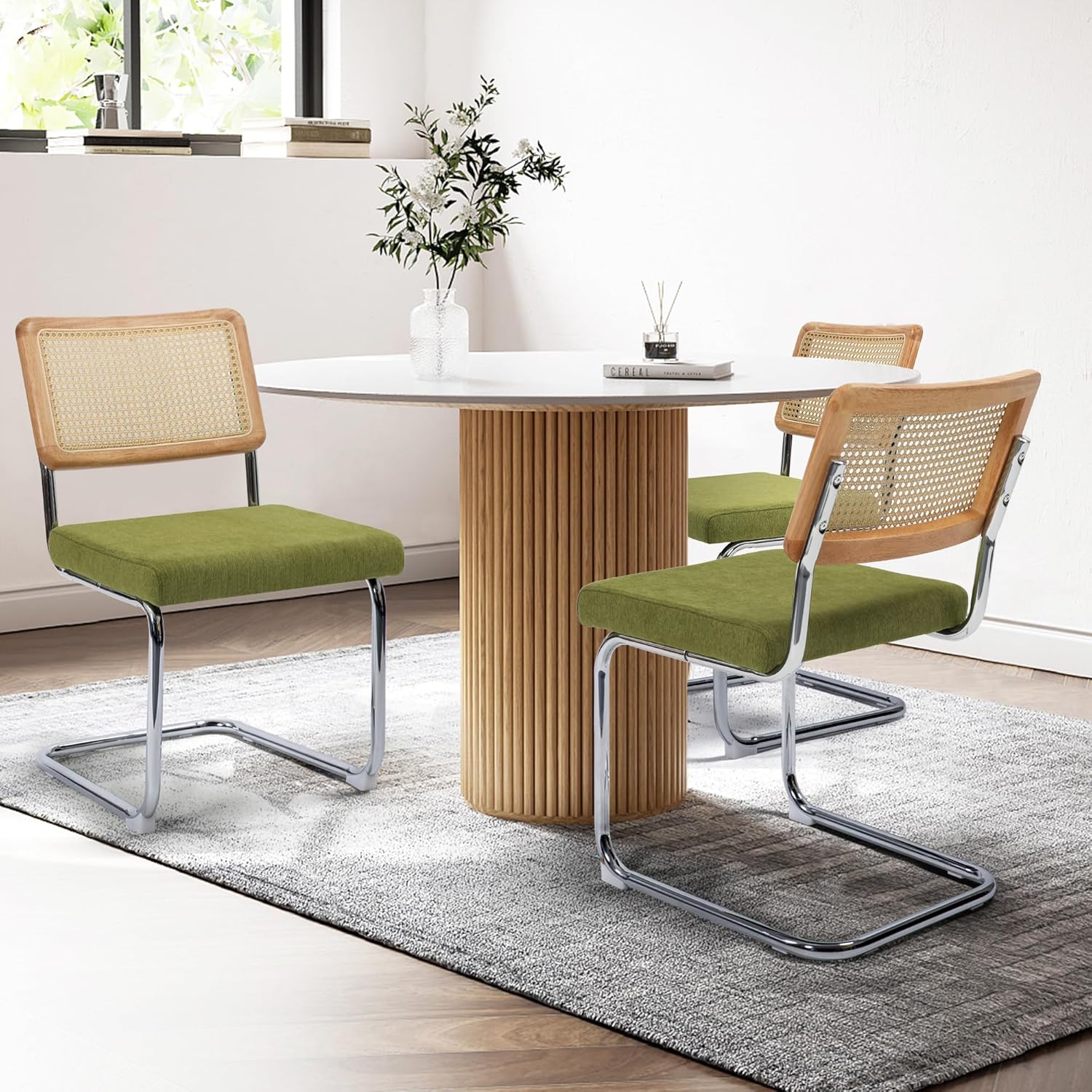 KROFEM Dining Chairs Set of 2, Modern Rattan Kitchen Chairs, Mid Century Modern Design, Polished Chrome Frame, Upholstered Seat, Green