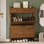 BORNOON Shoe Storage Cabinet for Entryway, Farmhouse Narrow Shoe Cabinet with 2 Flip Drawers & Top Drawers, Adjustable Shelves & Hooks, Freestanding Hidden Rack Organizer for Hallway, Foyer