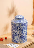 Blue and White Ginger Jar, Ceramic Chinoiserie Decorative Jars for Home, Office, Flower Vase Pocelain, Glossy Vase for Table, Living Room, Bookshelf, Mantle Fireplace, Centerpieces 11"