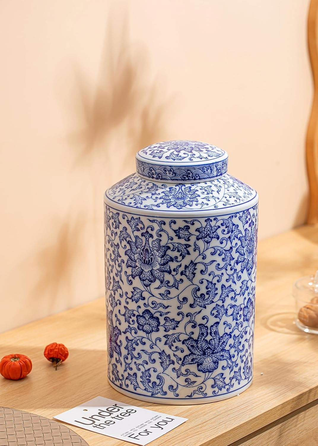 Blue and White Ginger Jar, Ceramic Chinoiserie Decorative Jars for Home, Office, Flower Vase Pocelain, Glossy Vase for Table, Living Room, Bookshelf, Mantle Fireplace, Centerpieces 11"