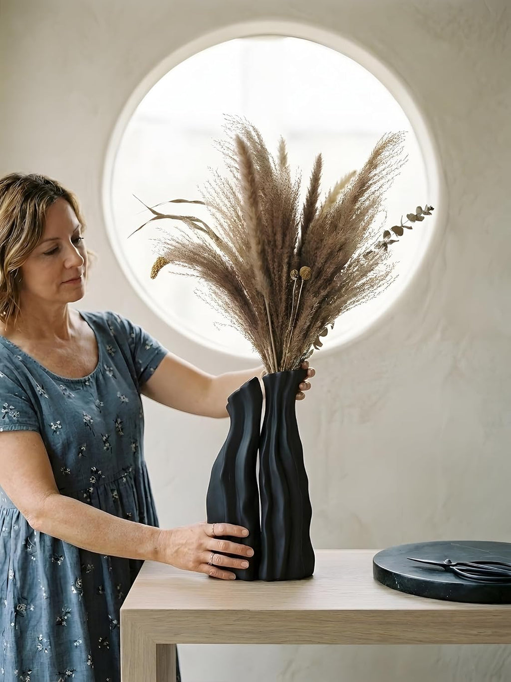 Modular Rockery Art Vase Set of 2, Separatable Centerpiece Table Decorations - 11" Tall Matte Black Ceramic Vases for Flowers, Pampas Grass, Modern Nordic Boho Home Decor (Black)